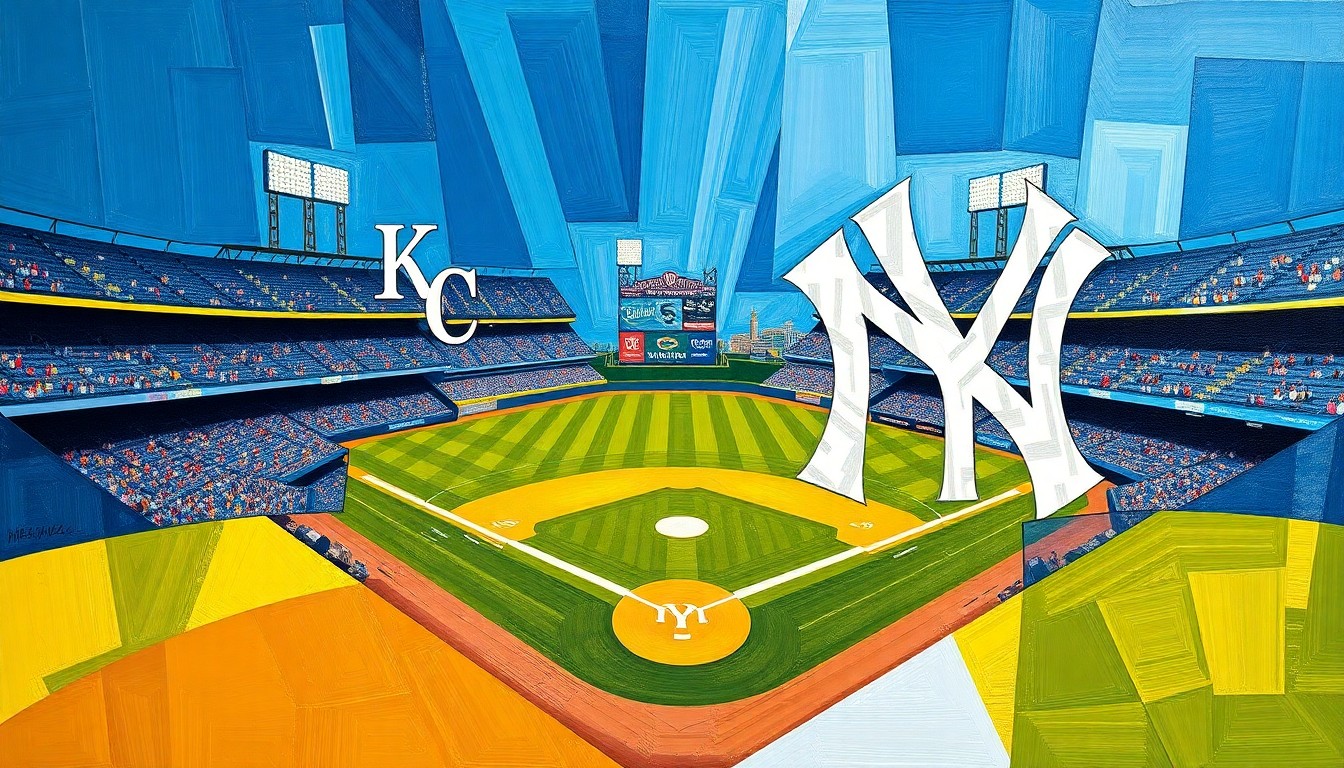 A cubist, geometric painting depicting a baseball game between the Kansas City Royals and New York Yankees, with the players and field broken down into overlapping planes of royal blue, gold, navy blue, white, and gray.