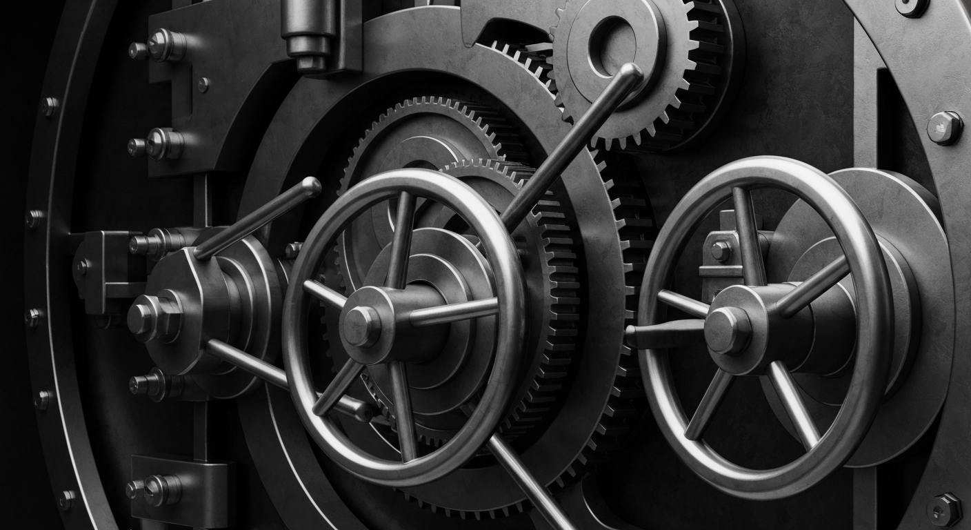 A dramatic, high-contrast close-up of the inner workings of a bank vault, with gears, levers, and mechanisms rendered in a stark, industrial style that conceptually represents the financial forces shaping the casino industry.