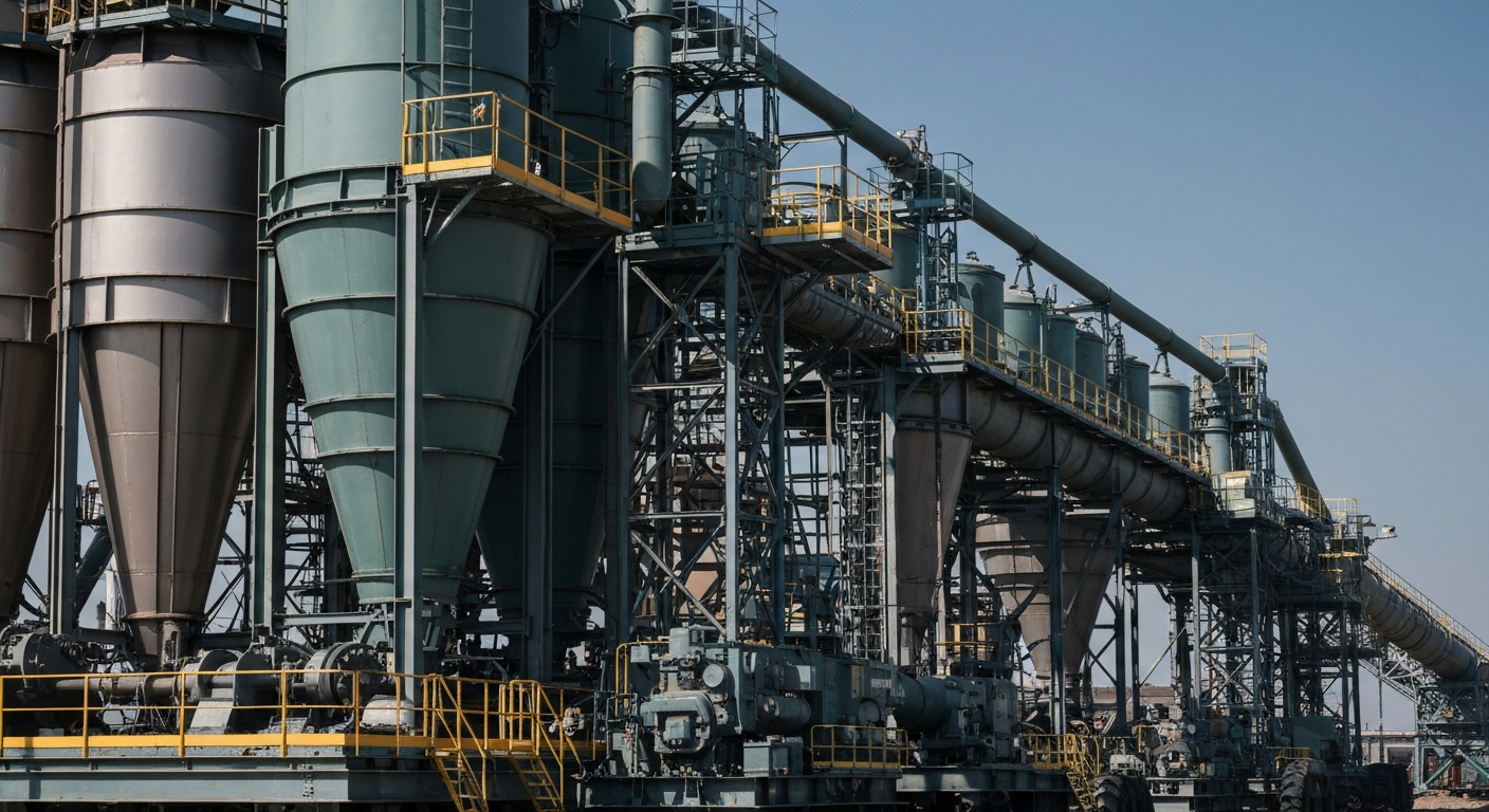 A close-up, cinematic view of heavy industrial machinery and equipment used in fertilizer production, conveying a sense of the scale, power, and importance of the physical infrastructure that enables global agricultural productivity.