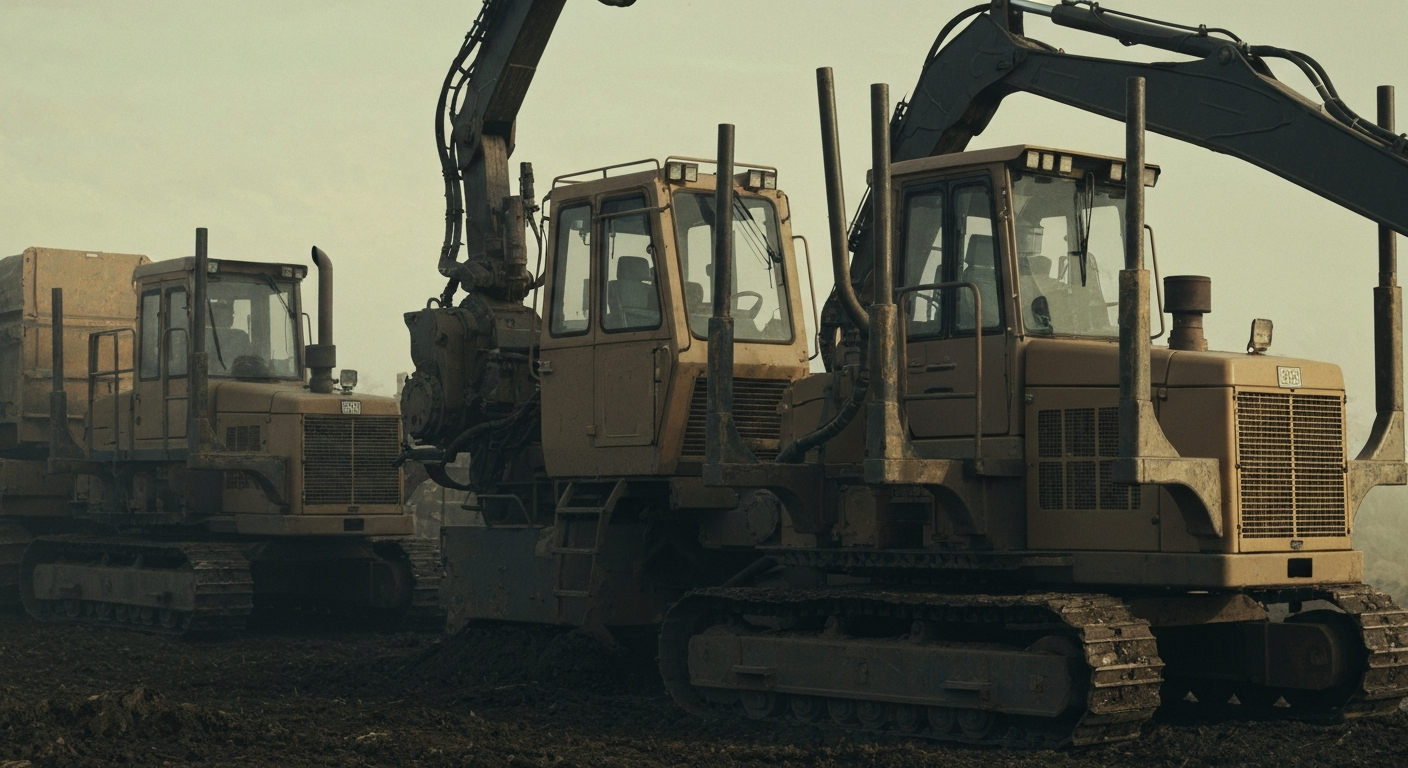 An extreme close-up of rugged, industrial forestry equipment in muted earth tones, conveying the physical assets and operational scale of a major timber company.