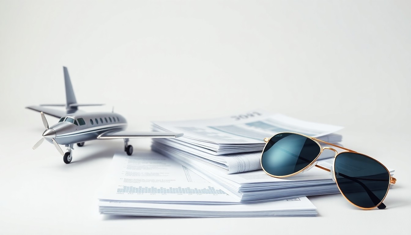 A photorealistic studio still life featuring a polished metal model airplane, a stack of financial reports, and a pair of aviator sunglasses arranged elegantly on a clean, monochromatic background, conceptually representing the intersection of the aviation industry and institutional investment.
