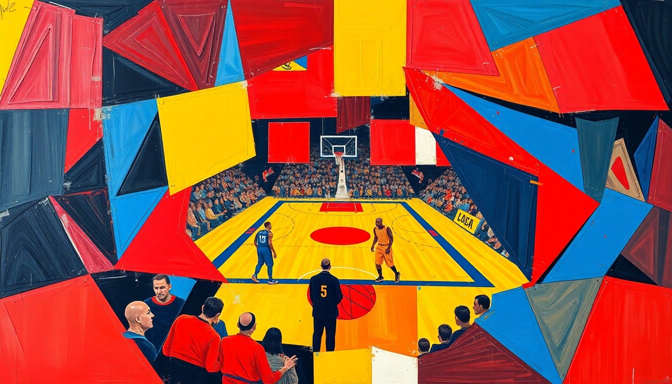 A cubist, geometric painting depicting a basketball game or match, with sharp, overlapping planes of color representing the dynamic action on the court.