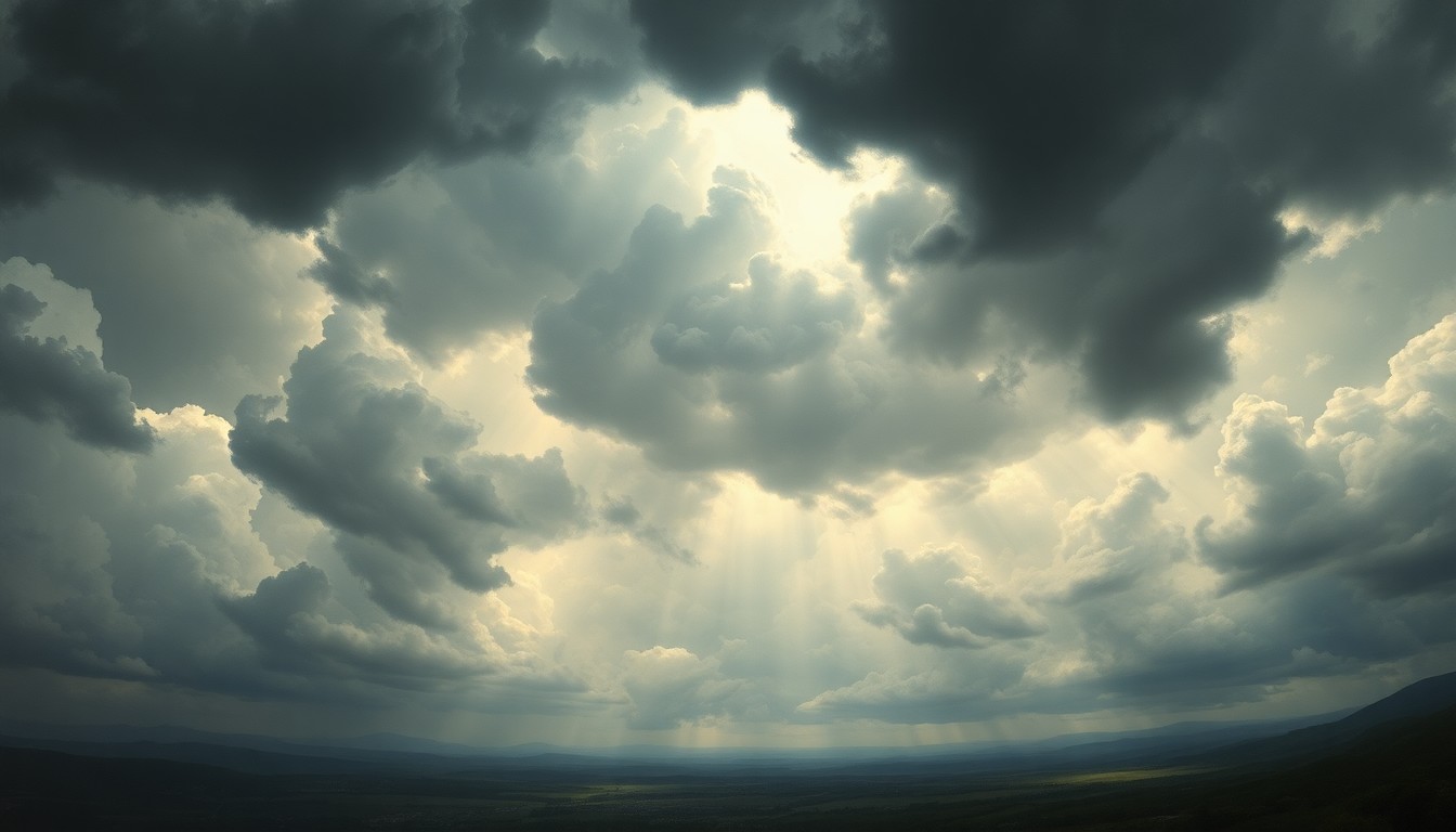 A sweeping, atmospheric landscape painting in muted tones of gray, blue, and gold, with dramatic clouds and beams of light dominating the frame and partially obscuring a small town or rural scene in the foreground, conveying the overwhelming scale and sublime beauty of an impending severe weather event.