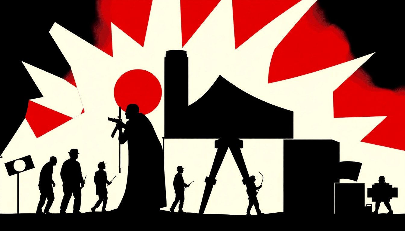 A minimalist, abstract illustration featuring bold, jagged shapes and silhouettes in high-contrast colors, conceptually representing the diverse range of film and television works being showcased at the UCLA Festival of Preservation.