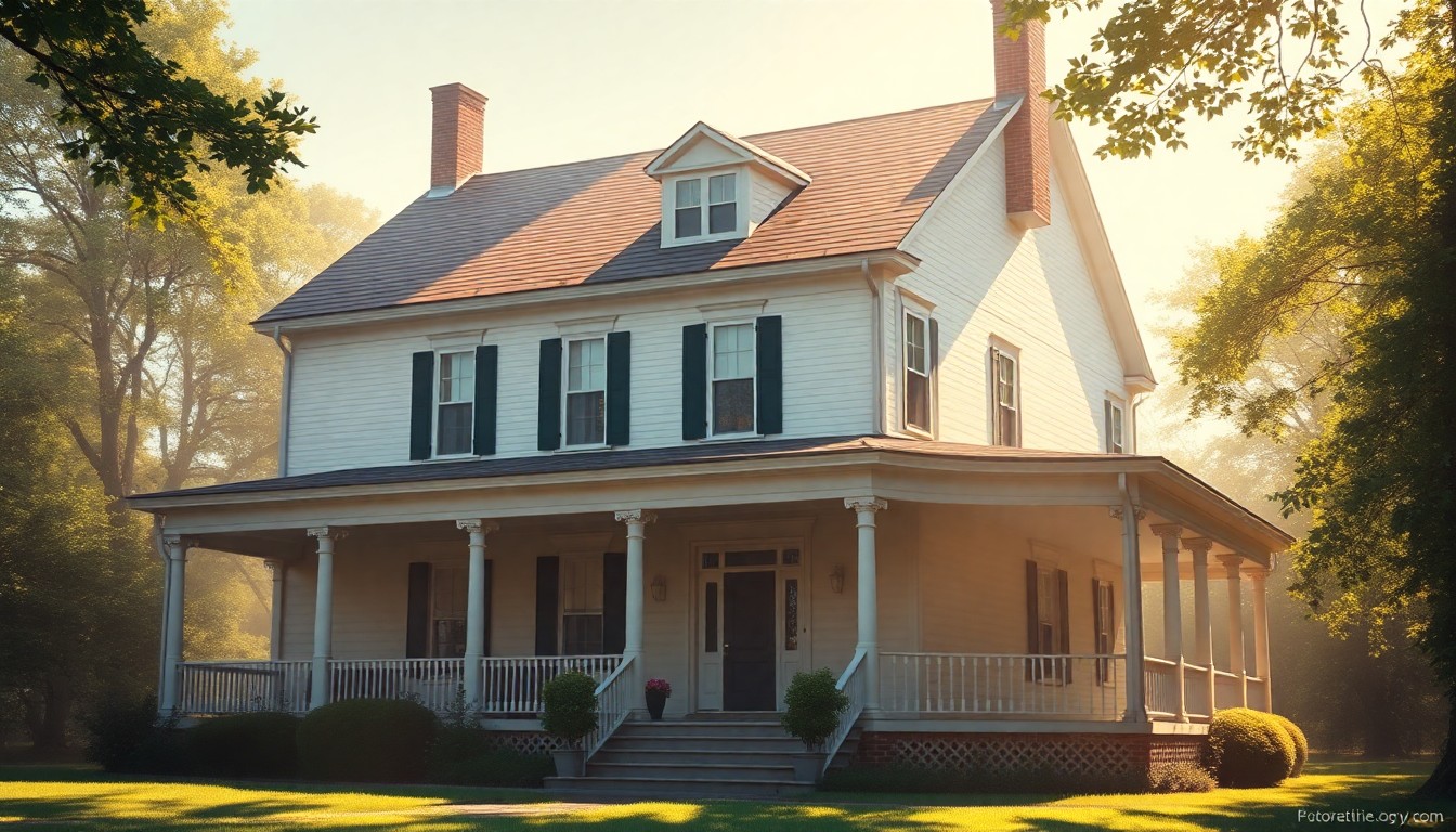 A blurred, atmospheric photograph of a two-story Colonial home with a wrap-around porch, surrounded by greenery and soft, warm lighting, conveying a sense of historic charm and timeless elegance.