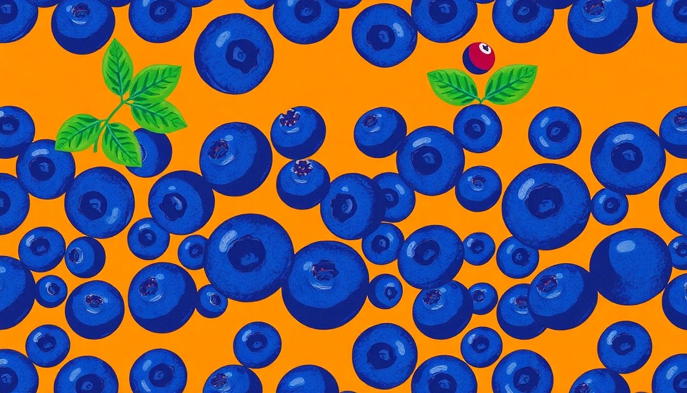 A bold, abstract silkscreen illustration featuring a repeating pattern of bright blue blueberries, conceptually representing the festive atmosphere of a local farm's blueberry celebration.
