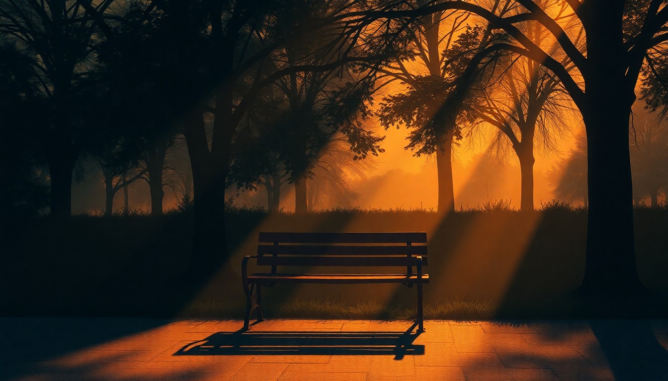 A serene, textured oil painting of an empty park bench in a sunlit urban setting, conveying a sense of quiet contemplation and the importance of public outdoor spaces.
