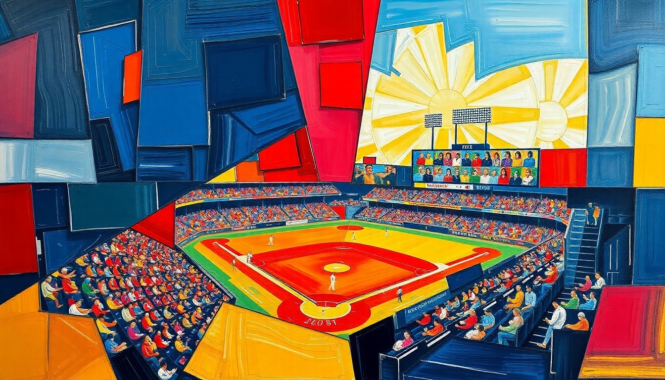 A fragmented, geometric painting in bold colors depicting a baseball game or match, with the players and field broken down into sharp, overlapping planes, conveying a sense of the Yankees' current challenges.