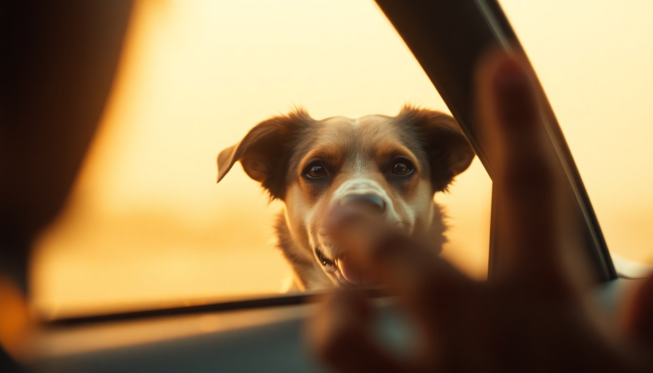 An abstract, out-of-focus photograph in soft, warm tones showing the blurred silhouette of a dog's head peeking out of a car window, conceptually representing a shelter dog's journey of overcoming fear and embracing new experiences.