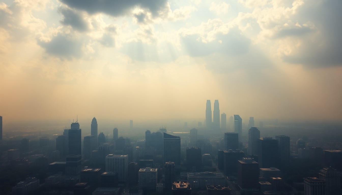A vast, majestic landscape painting in the style of Caspar David Friedrich, depicting the Atlanta skyline shrouded in a veil of intense heat and humidity, with the city's buildings and infrastructure dwarfed by the oppressive, shimmering air.