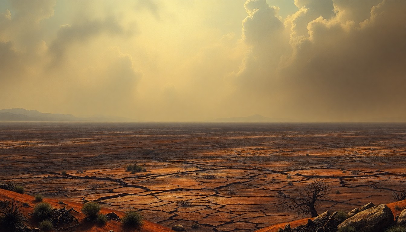A sweeping, atmospheric landscape painting in muted tones of ochre, sienna, and charcoal, depicting a vast, arid expanse of cracked earth and withered vegetation under a hazy, oppressive sky, conveying the overwhelming scale and power of the natural disaster unfolding.