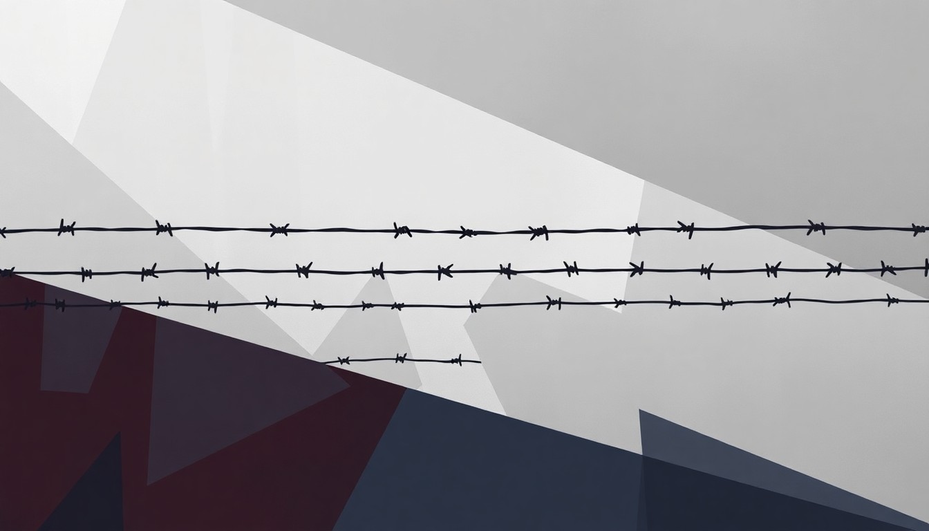 A heavily textured, overlapping geometric painting in shades of grey, navy, and dark red, conceptually representing the divisive political tensions over immigration detention.
