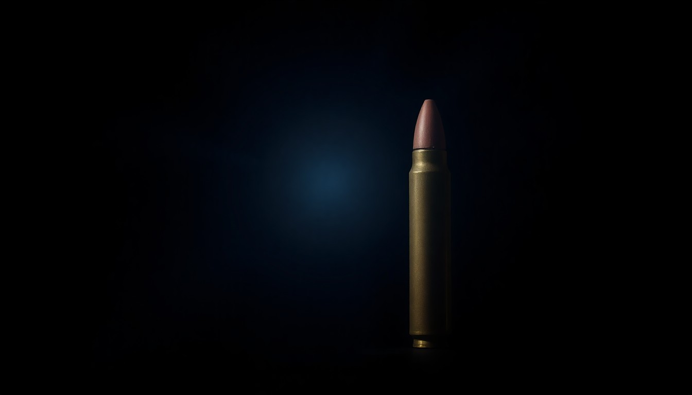 An extreme close-up of a single bullet casing reflecting a harsh, direct flash of light, conceptually representing the investigation into an unsolved violent crime.