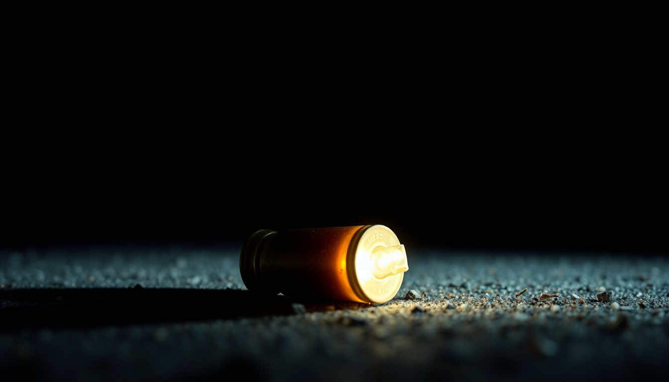 An extreme close-up photograph of a spent shell casing on the ground, lit by a harsh, direct camera flash against a pitch-black background, conveying the stark, gritty aftermath of a violent crime.