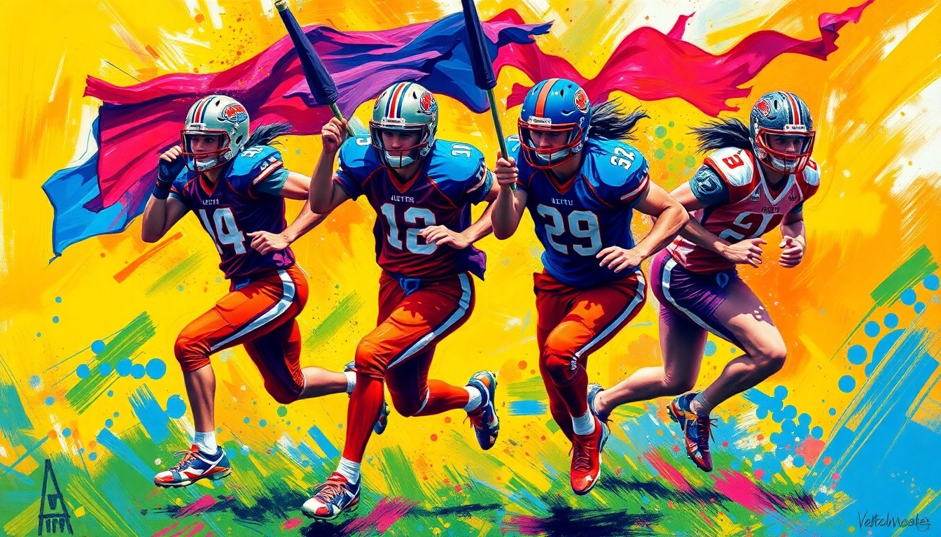 An abstract, energetic painting featuring bold brushstrokes in neon shades of blue, green, and orange, capturing the dynamic movements and competitive spirit of high school flag football players.