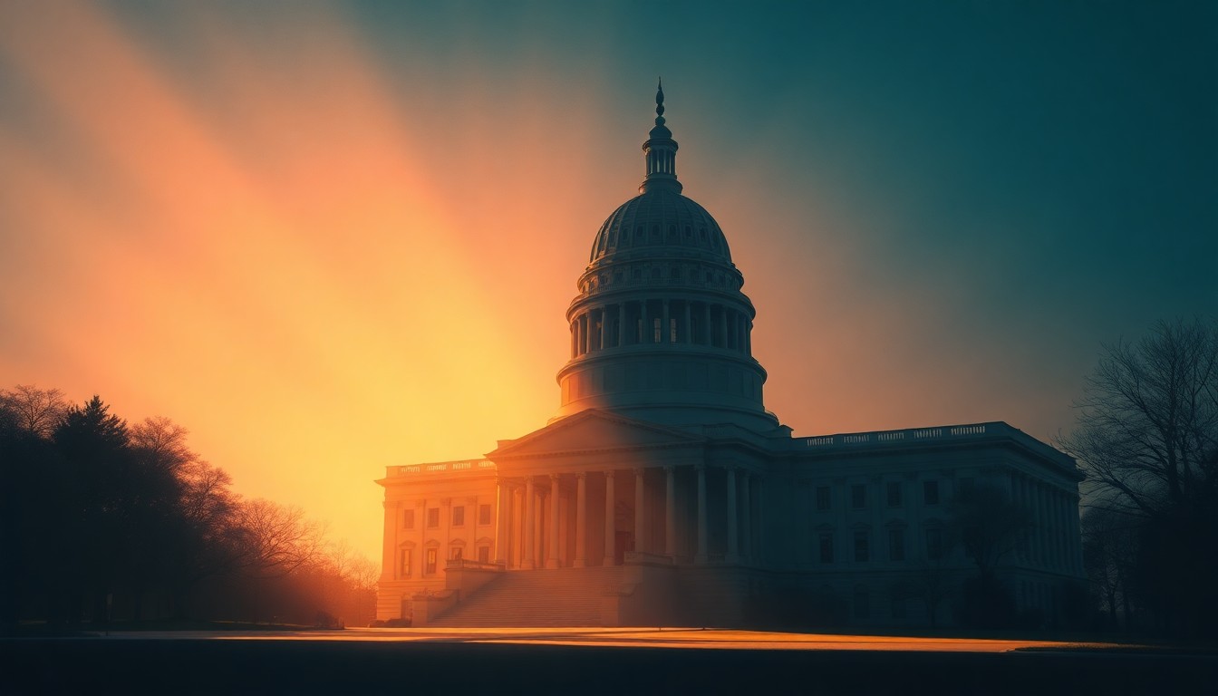 A photorealistic painting of a state capitol building in warm, golden light, with long shadows stretching across the scene, conveying a sense of contemplation and gravity around the political decisions being made within.