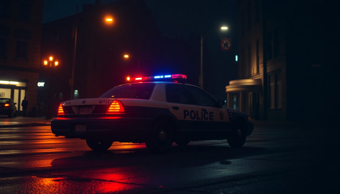 A cinematic painting of a solitary police car parked on a dimly lit city street at night, its red and blue lights reflecting off the wet pavement, conveying a sense of quiet tension and urban melancholy.