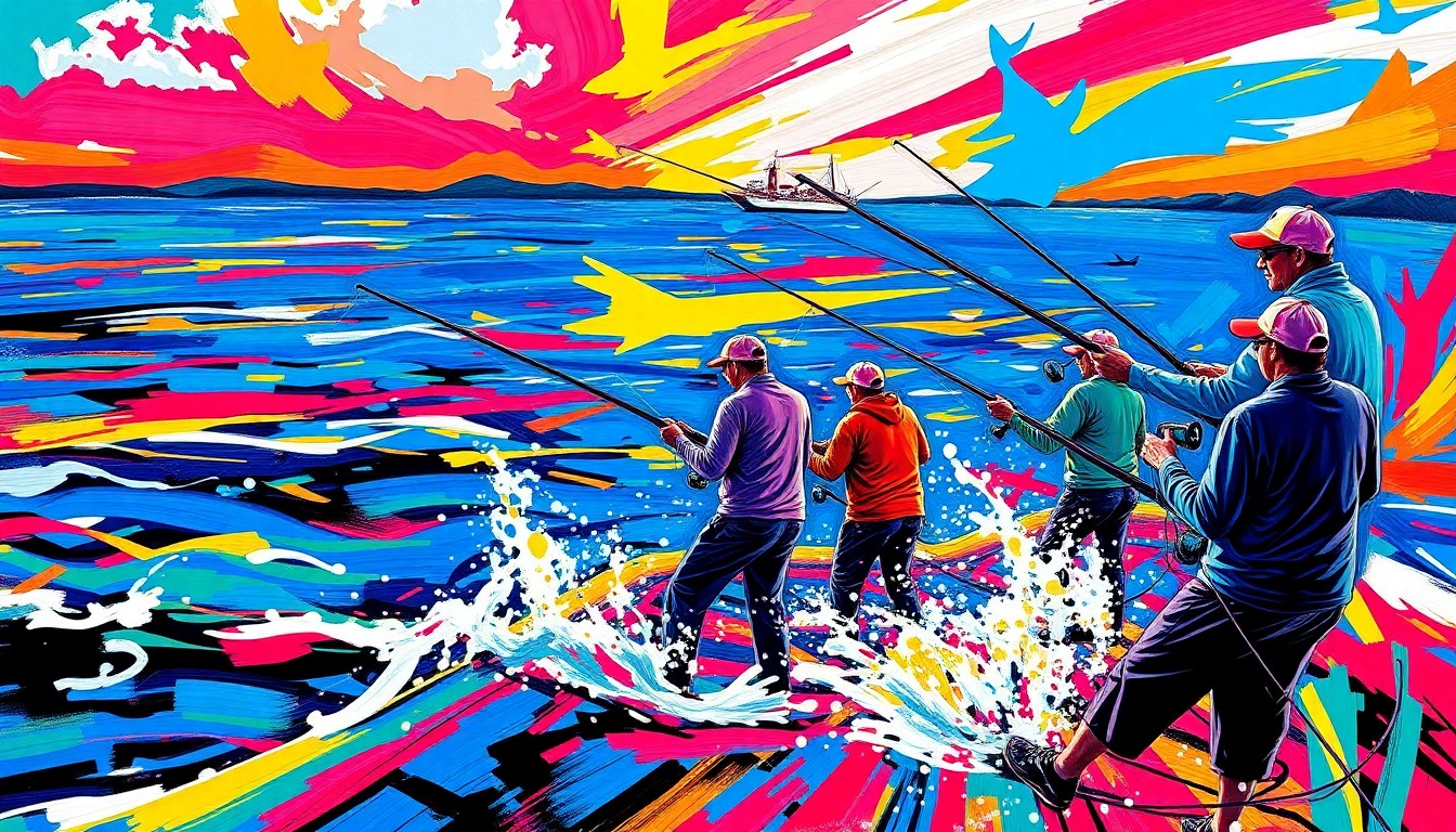 A dynamic, textured painting in bright neon colors depicting the energetic motion and action of a fishing tournament on a lake, conveying the celebratory spirit of the community event.