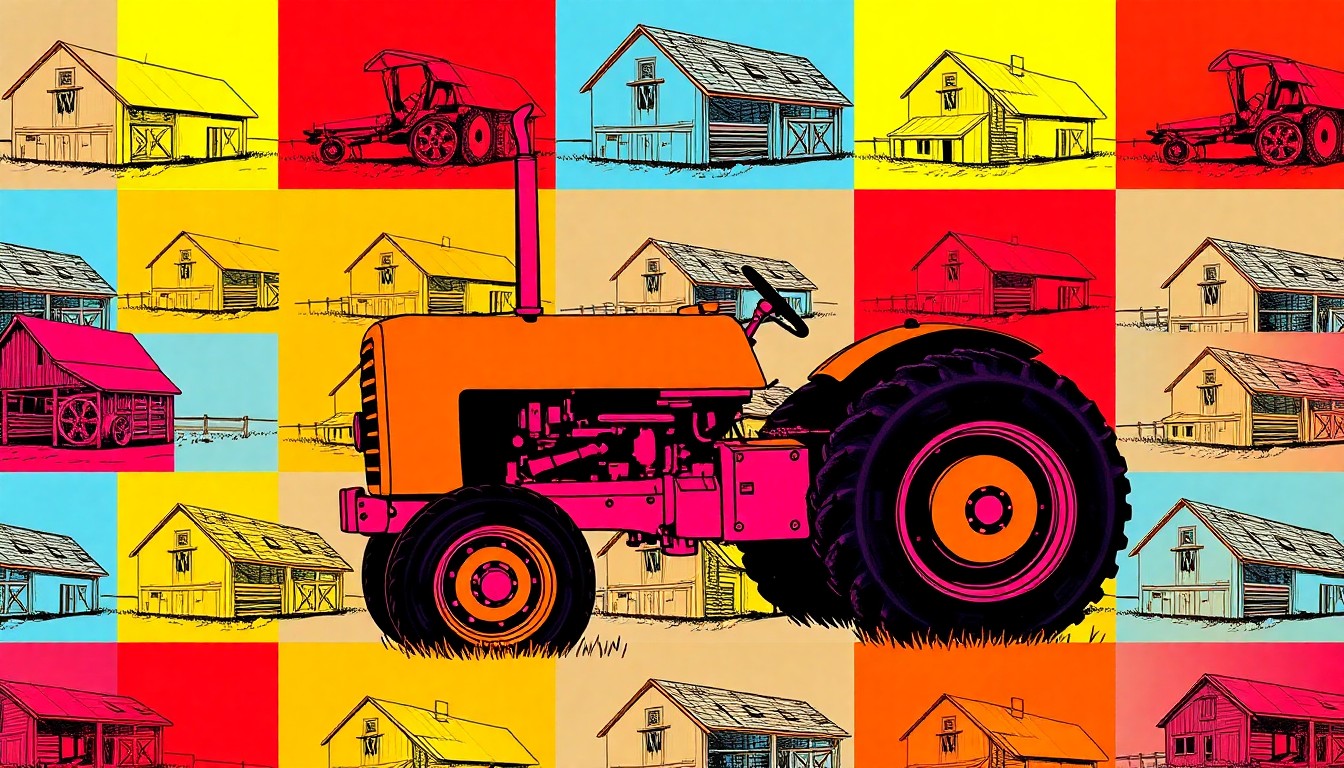 A highly stylized, silkscreen-inspired illustration featuring a repeated pattern of a single iconic rural object, such as a tractor or barn, rendered in a bold, neon color palette with heavy black outlines, conceptually representing the diverse real estate opportunities of this Macomb property.