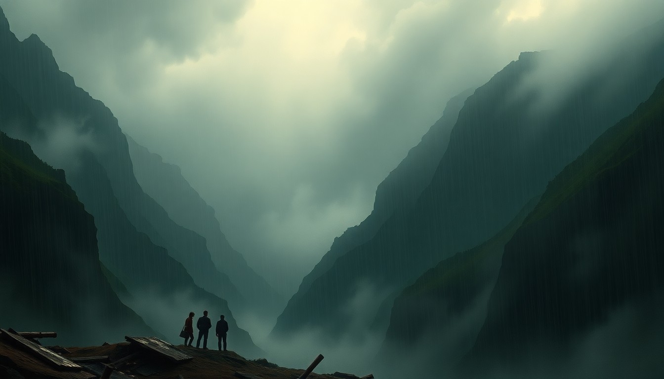 A sweeping, atmospheric landscape painting depicting a rainy, foggy scene with the iconic Boston Marathon route barely visible in the distance, conveying the overwhelming power of nature during the annual running event.