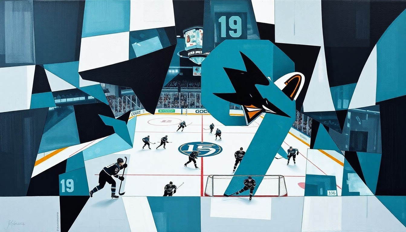 A fractured, geometric painting featuring overlapping planes of teal, black, and white, conceptually representing the energy and movement of a hockey game or match, with the number 19 prominently displayed.