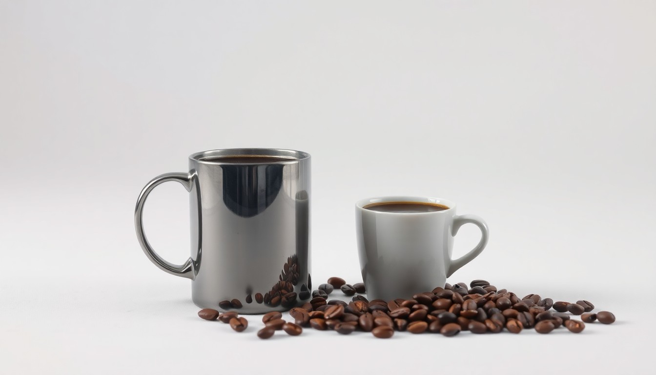 A minimalist, photorealistic studio still-life photograph featuring a sleek, modern coffee mug, a freshly brewed cup of coffee, and a few coffee beans scattered on a clean, monochromatic background, conceptually representing the changing landscape of the local coffee industry.