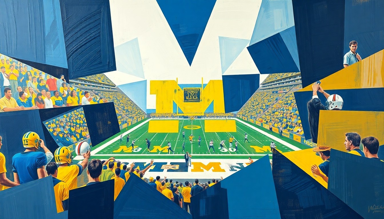 A cubist, geometric painting depicting fragmented, overlapping shapes and planes in the colors of the Michigan Wolverines, representing the strategic complexity of college football.