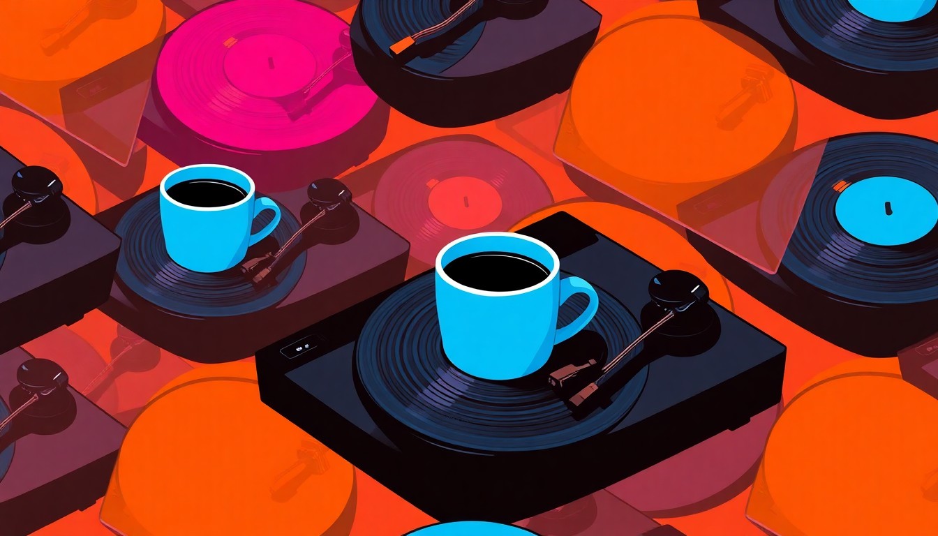 A brightly colored, high-contrast silkscreen print featuring a repeating pattern of a vintage turntable and coffee cup, conceptually representing the retro, music-focused atmosphere of Disco Bean Coffee Company.