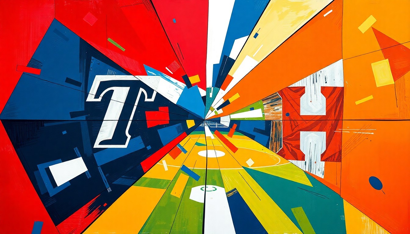 An abstract, cubist-style painting featuring sharp, overlapping geometric shapes and planes in the team colors of Louisiana Tech and Sam Houston, capturing the dynamic energy of a softball game.