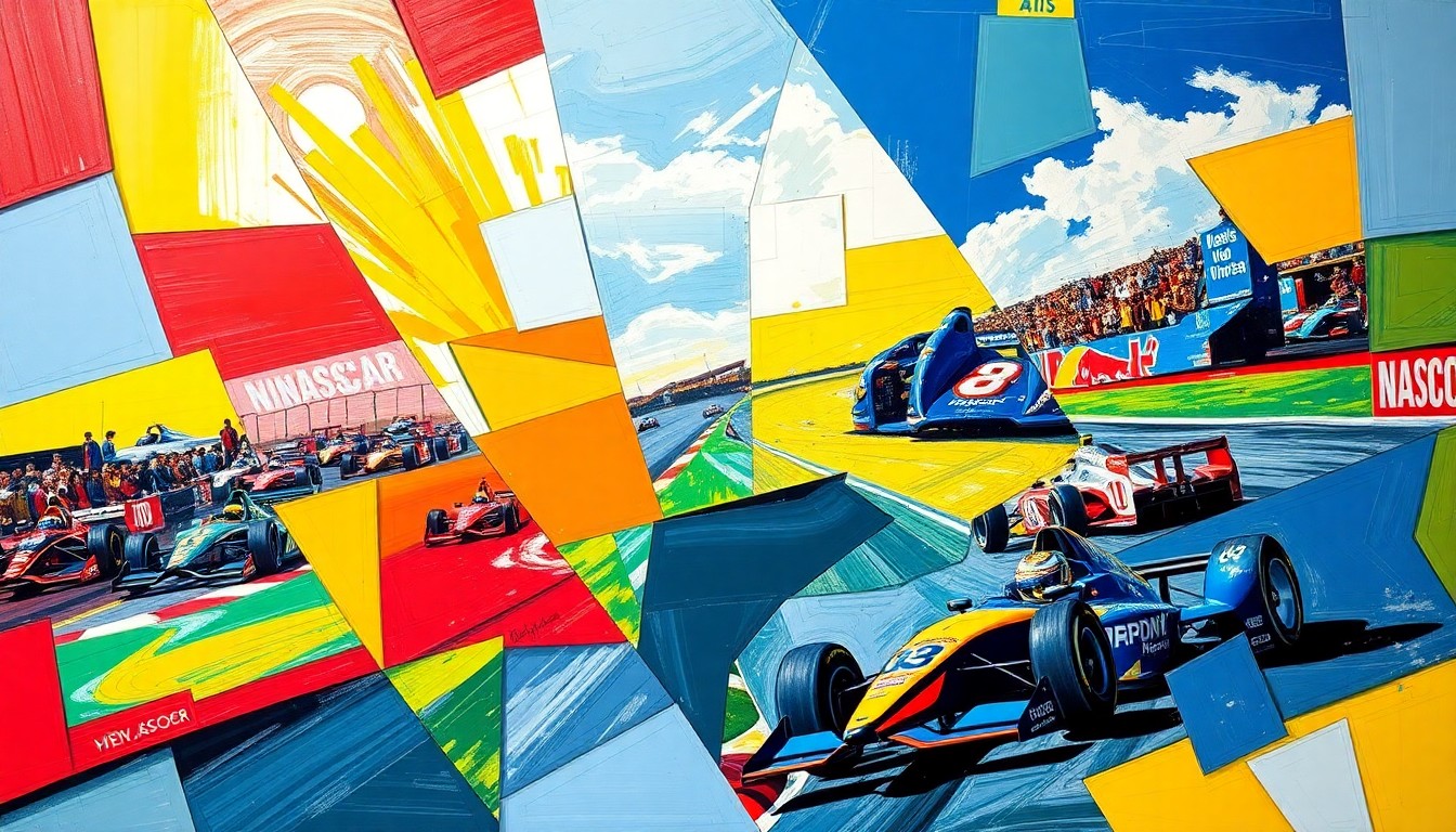 A cubist, geometric painting featuring overlapping planes of bright red, yellow, and blue colors, conceptually representing the energy and excitement of multiple racing events taking place in Kansas.