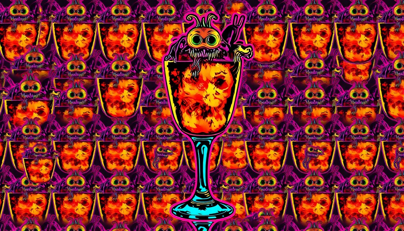 A brightly colored, high-contrast silkscreen print of a neon-lit cocktail glass with a monster-themed garnish, repeated in a tight grid pattern, conceptually representing the unique and visually striking cocktails served at the award-winning Bar Kaiju.