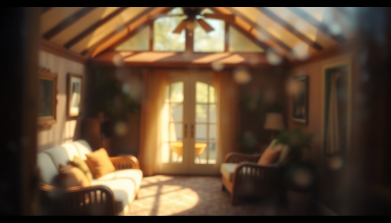 An impressionistic, out-of-focus scene of sunlight filtering through rain-streaked glass, creating a warm, hazy atmosphere that evokes the cozy interior of a historic home.