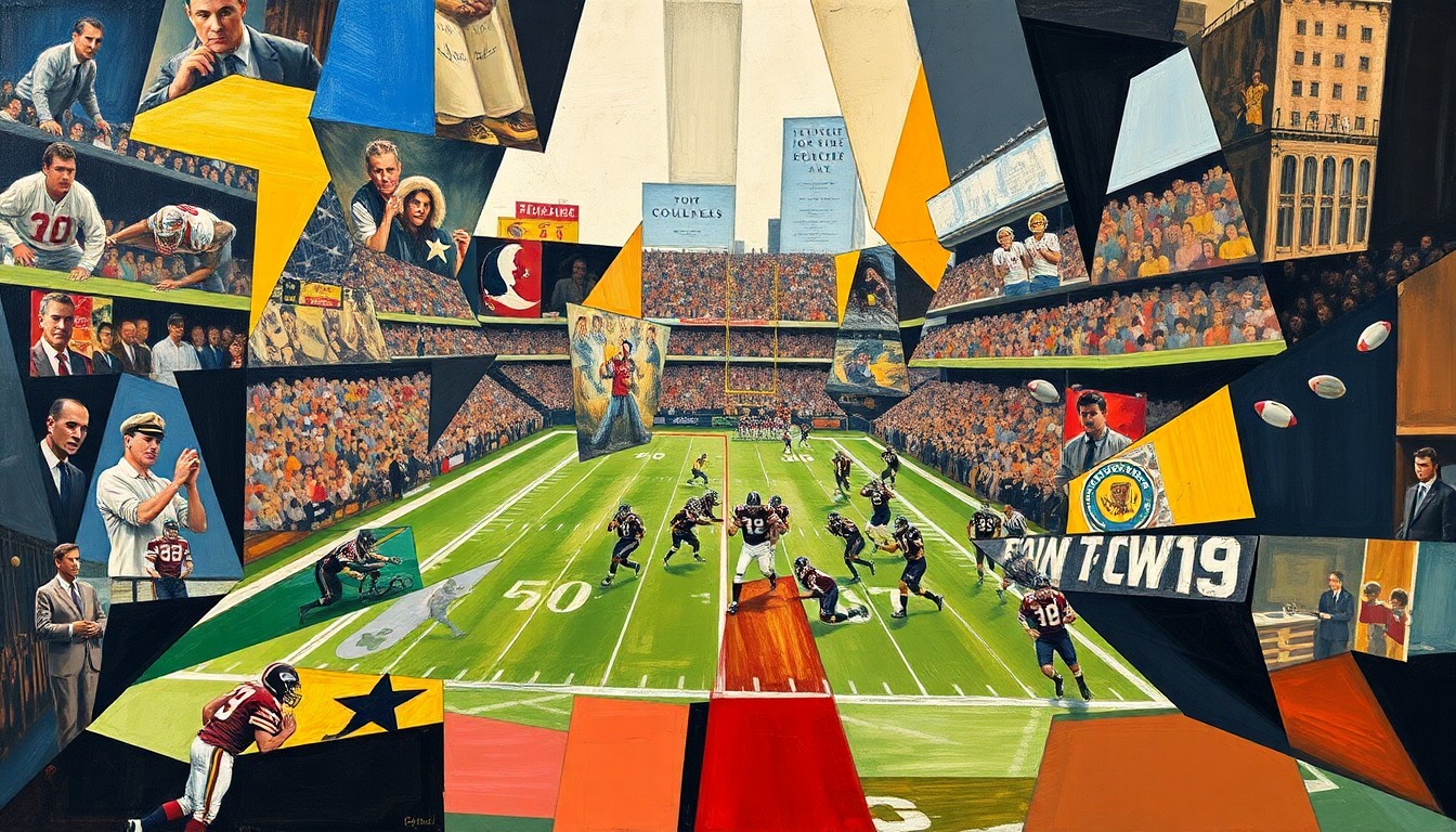 A cubist-style painting featuring overlapping geometric shapes and planes in shades of teal, gold, and black, conceptually representing the Jaguars' flexible approach to the NFL Draft.