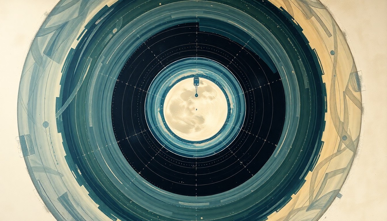 A bold, abstract painting in earthy tones of blue, green, and gold, featuring sweeping geometric arcs, concentric planetary circles, and precise botanical spirals, conceptually representing the Artemis II mission's journey around the Moon and the profound impact of the astronauts' unique perspective.