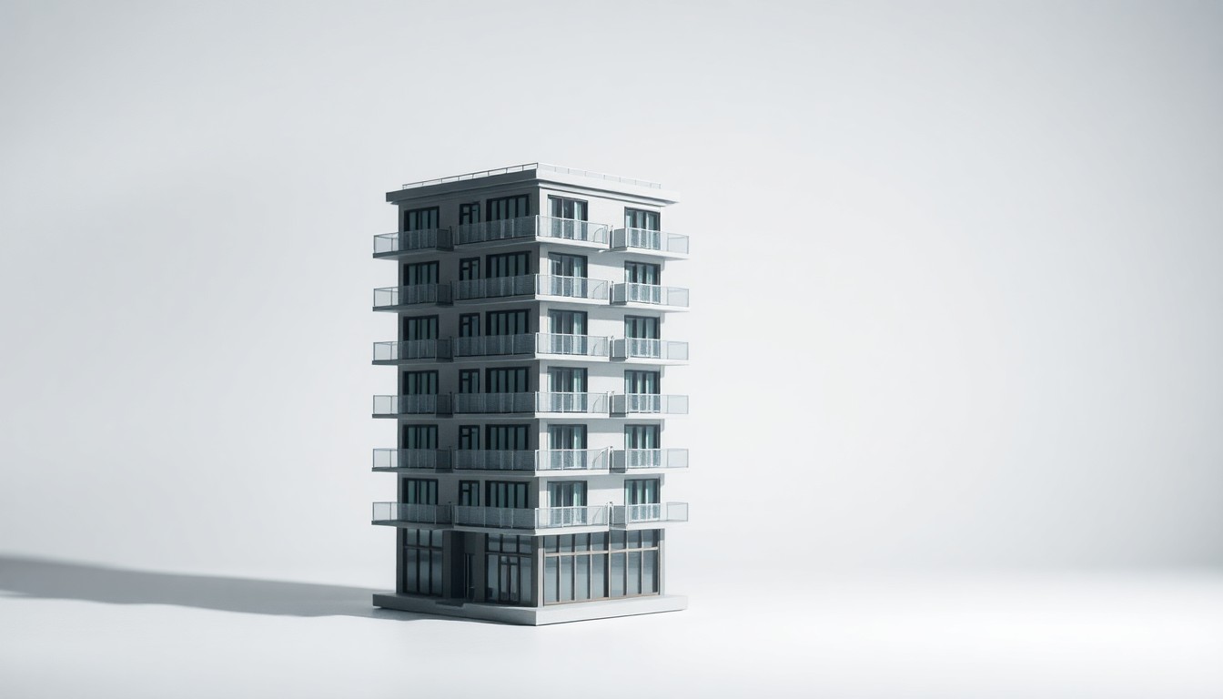 A highly detailed, photorealistic studio still life of a miniature model of a modern four-story apartment building, made from polished metal and glass, floating on a clean white background with dramatic lighting and shadows to represent the abstract concepts of urban development and affordable housing.