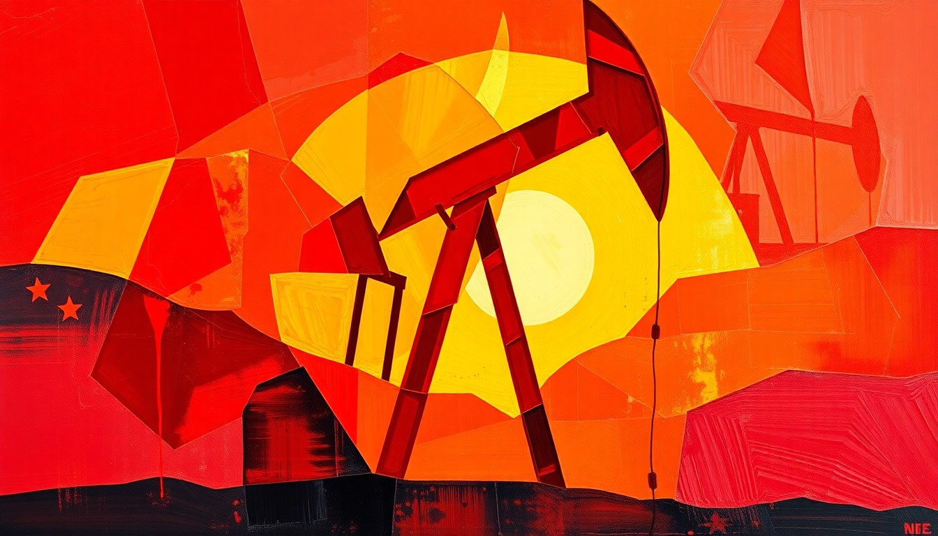 A heavily textured, fragmented painting of an oil pump jack in shades of red, orange, and yellow, conveying the volatility and disruption of the Iran war's impact on Nevada's economy.