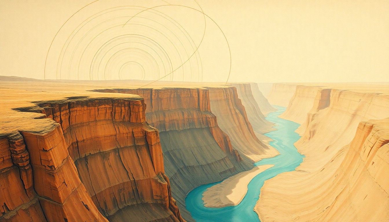A bold, abstract painting in earthy tones depicting sweeping geometric arcs, concentric circles, and precise spirals, representing the complex geological processes that formed the Grand Canyon over time.