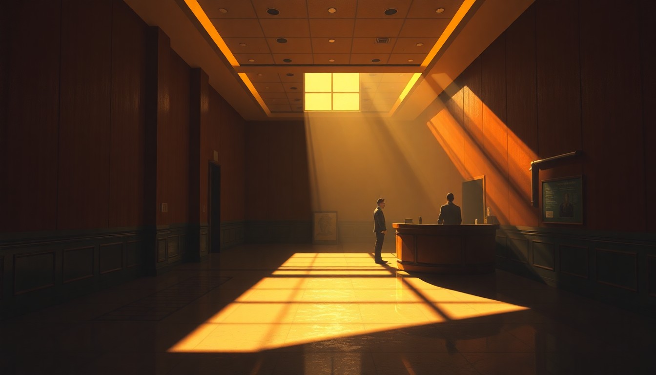 A dimly lit hotel lobby with a lone figure standing at the check-in counter, the scene bathed in warm, diagonal sunlight and deep shadows, conveying a sense of political unease and ethical ambiguity.