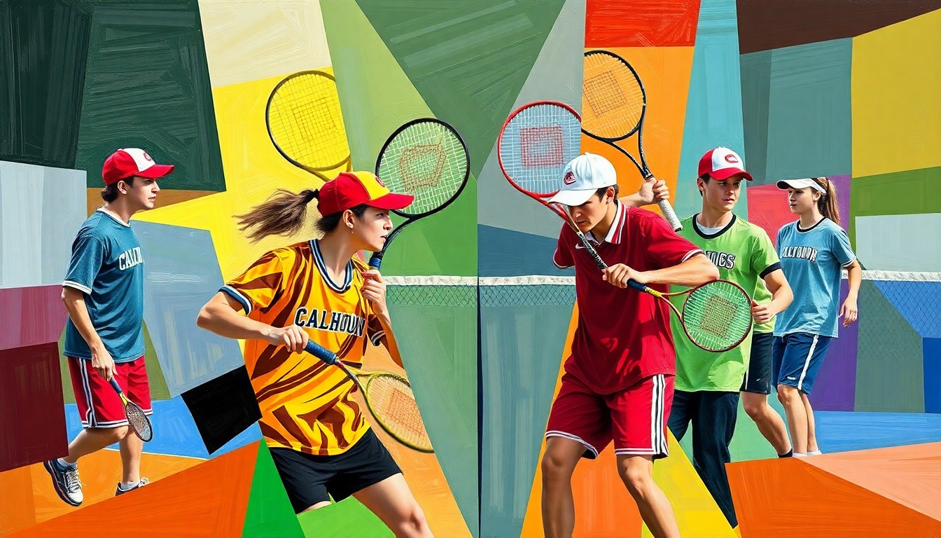 A cubist, geometric painting depicting a high school tennis match, with the players and court broken down into sharp, overlapping planes of color representing the uniforms of the competing teams.