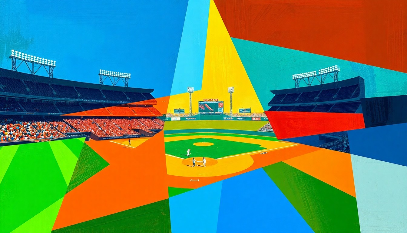 A fractured, geometric painting depicting a baseball game, with sharp planes of color and overlapping shapes representing the action on the field.