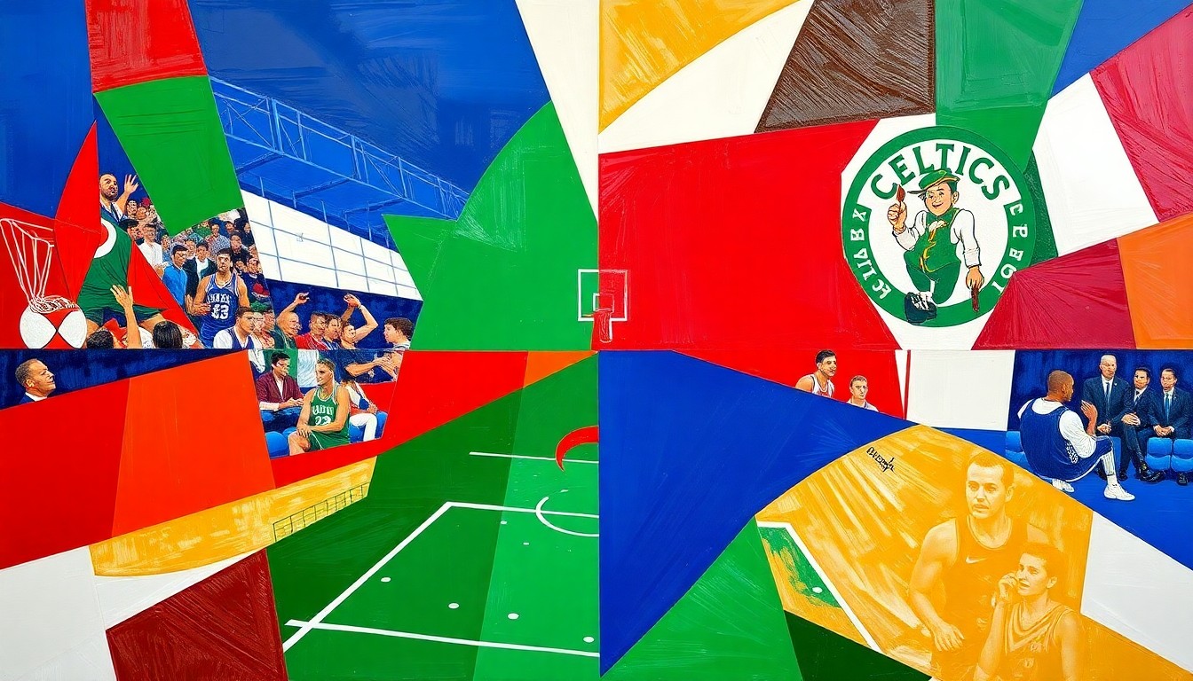 A fractured, cubist-style painting depicting a basketball game between the Sixers and Celtics, with the players and court broken down into sharp, overlapping geometric shapes in the teams' vibrant colors, conveying the intensity and competitiveness of the playoff matchup.