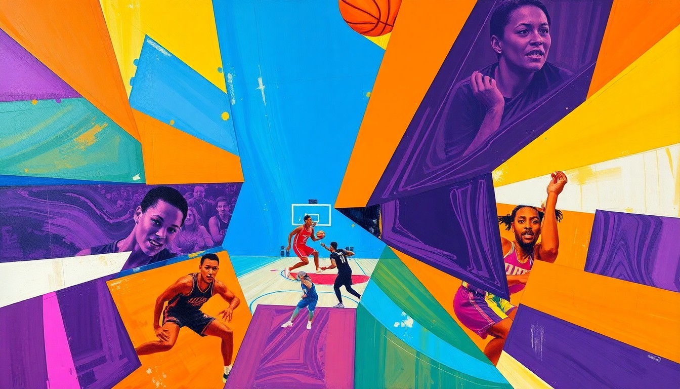 A fractured, multi-perspective painting depicting the dynamic movements and energy of a WNBA basketball game, with sharp geometric shapes and vibrant colors representing the star power of Napheesa Collier and the Minnesota Lynx.