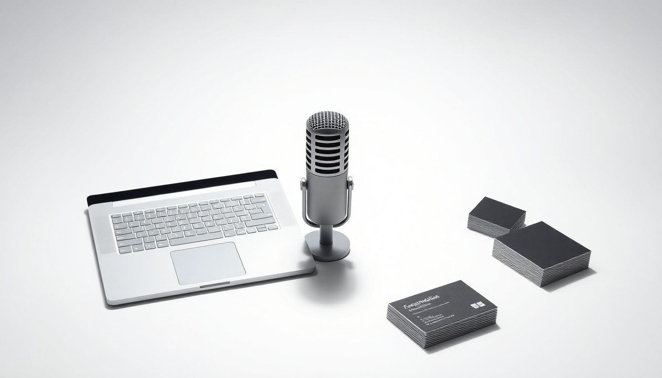 A minimalist studio photograph featuring a modern laptop, stylized microphone, and stack of business cards arranged on a clean white background, symbolizing the technology, entrepreneurship, and innovation at the heart of the Southwest Region Fast Pitch Competition.