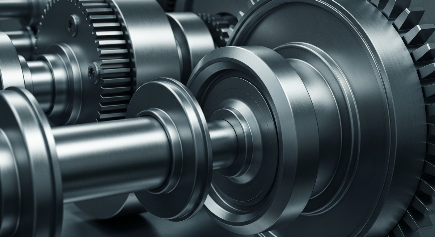 An extreme close-up of gleaming metal gears and pistons, representing the heavy industrial infrastructure that supports the banking and finance sectors.