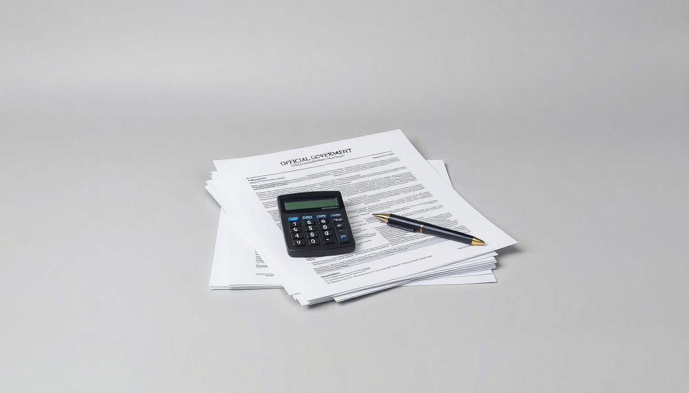 A minimalist studio still life photograph featuring a stack of official government documents, a calculator, and a pen resting on a clean, monochromatic grey background, symbolizing the bureaucratic process of navigating tariff refunds.