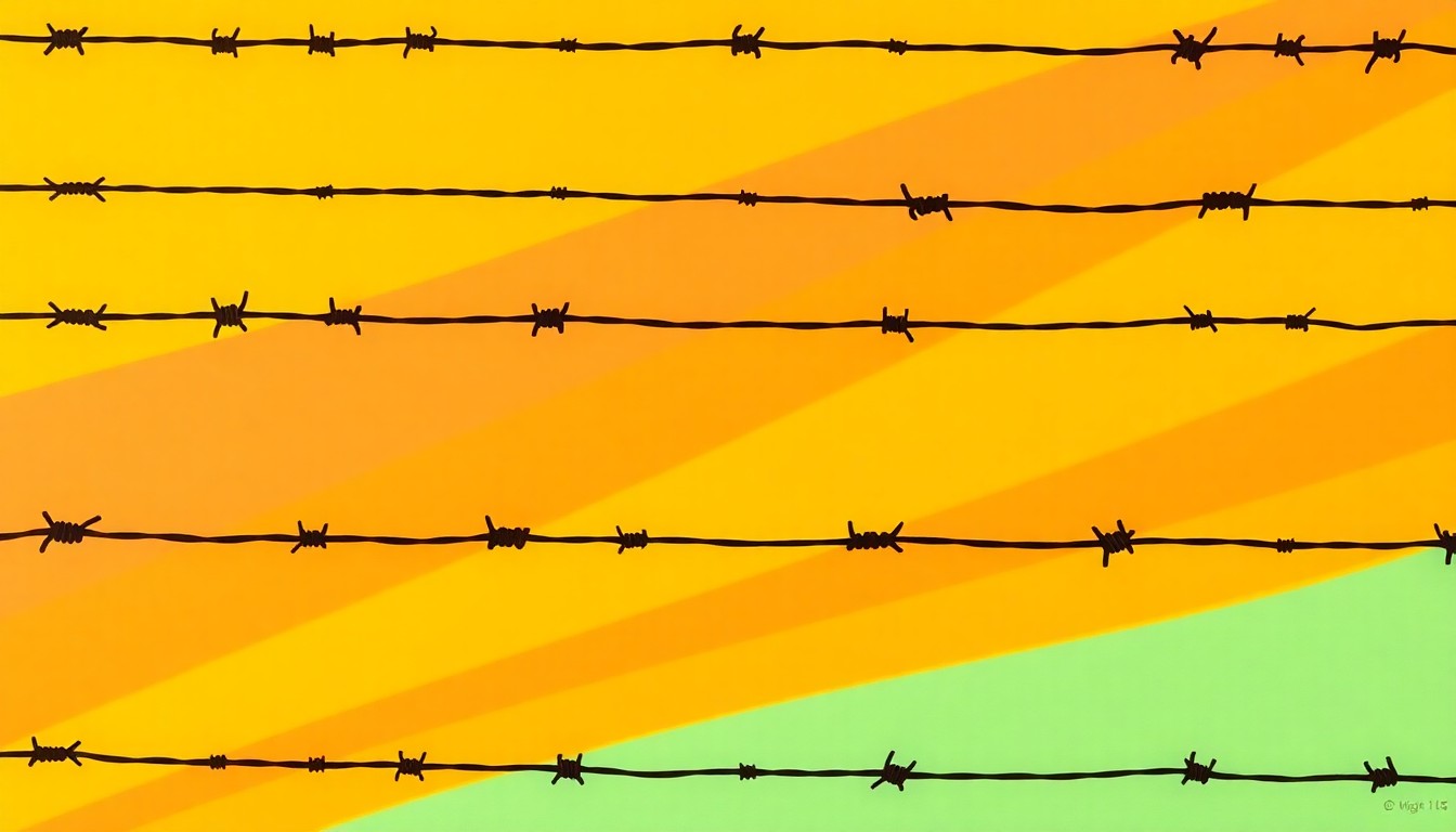 A high-contrast silkscreen print composed of a repeating grid of barbed wire fences in vibrant neon colors, conceptually representing the cultural trauma of Japanese American incarceration during World War II.