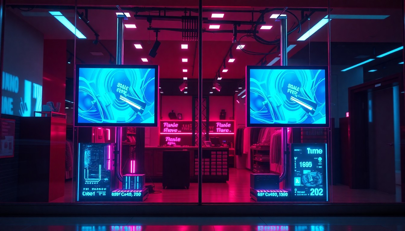 A highly detailed, glowing 3D illustration of a double-sided digital display in a retail storefront window, with neon lights highlighting the physical technology components and creating a sense of futuristic, cybernetic energy.