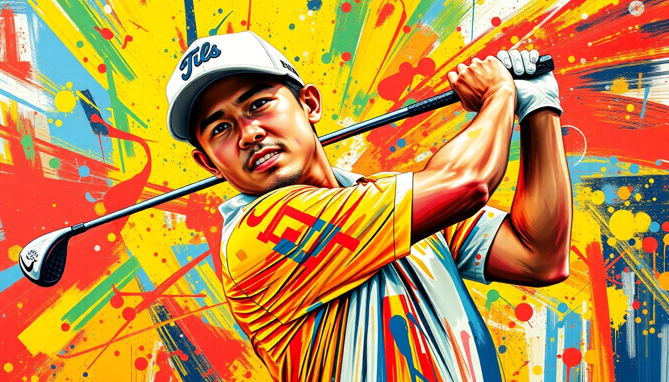 An abstract, expressionist painting in vibrant neon colors depicting the explosive motion and energy of a golfer's swing, with the figure's face and body dissolved into unrecognizable brushstrokes.