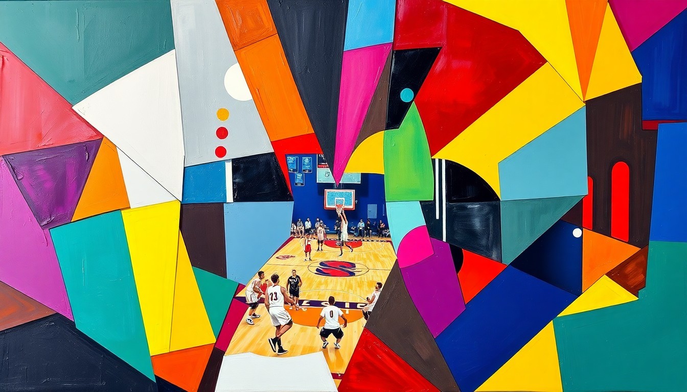 A cubist, geometric painting depicting a high school basketball game, with the players and court broken down into overlapping planes of bright, contrasting colors.