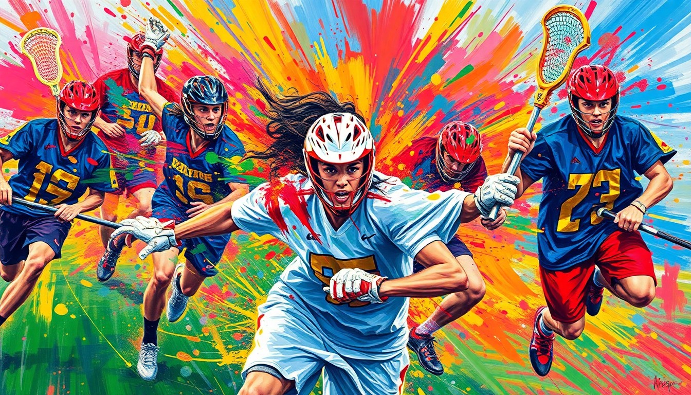 An abstract, expressionist painting in vibrant neon colors, capturing the dynamic movements and raw energy of a boys lacrosse game.